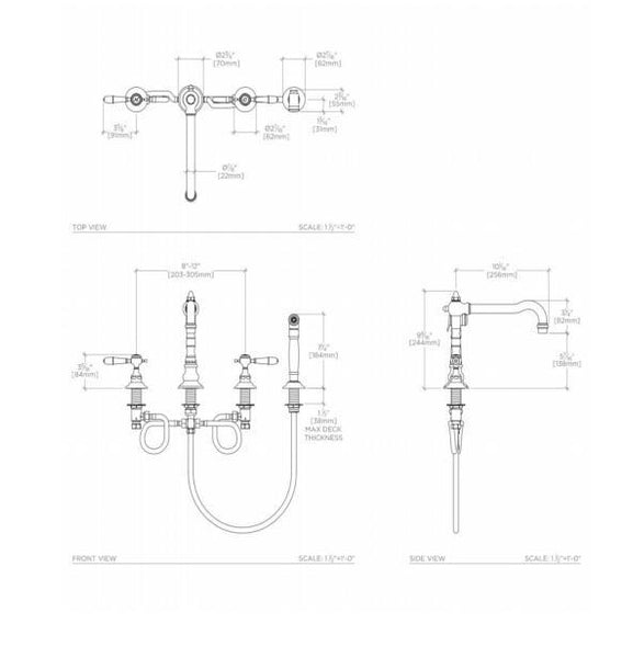 Waterworks Julia Three Hole High Profile Kitchen Faucet, Metal Lever H