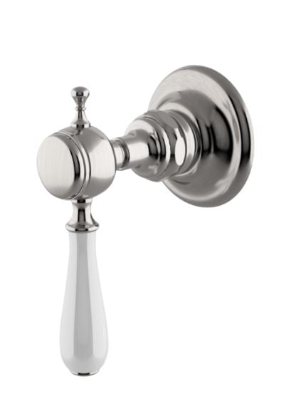 Waterworks Julia Volume Control Valve Trim with White Porcelain Lever Handle in Burnished Nickel