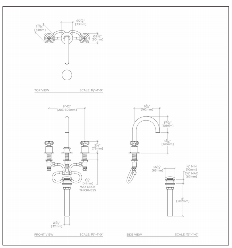 Waterworks Henry Gooseneck Three Hole Deck Mounted Lavatory Faucet with Coin Edge Cylinders and Cross Handles in Unlacquered Brass