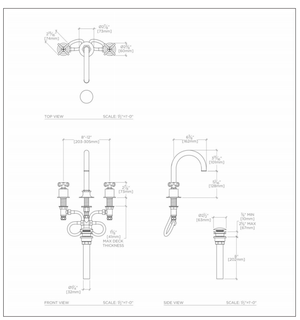 Waterworks Henry Gooseneck Three Hole Deck Mounted Lavatory Faucet with Coin Edge Cylinders and Cross Handles in Nickel