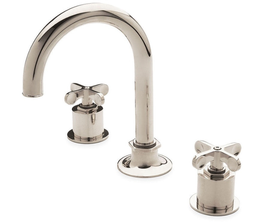 Waterworks Henry Gooseneck Three Hole Deck Mounted Lavatory Faucet with Coin Edge Cylinders and Cross Handles in Nickel