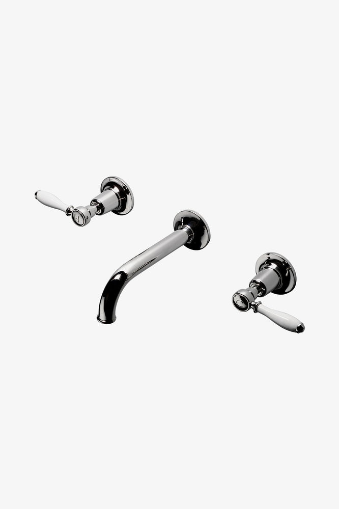 Waterworks Easton Classic Wall Mounted Lavatory Faucet with Elongated Spout and Porcelain Lever Handles in Matte Nickel