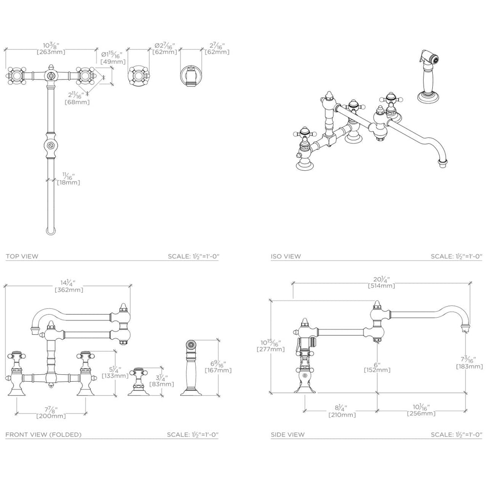 Waterworks Julia Two Hole Bridge Articulated Kitchen Faucet, Metal Cross Handles and Spray in Chrome