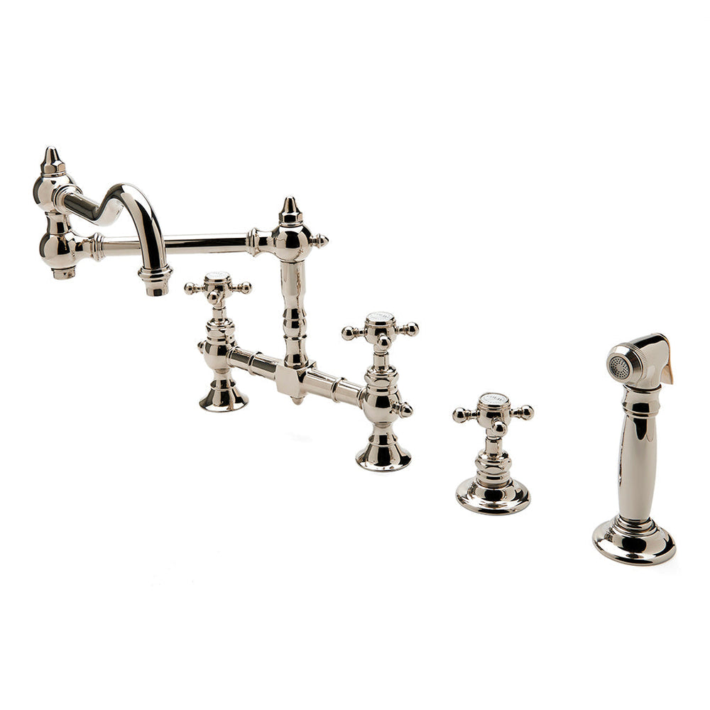 Waterworks Julia Two Hole Bridge Articulated Kitchen Faucet, Metal Cross Handles and Spray in Chrome