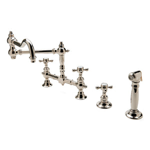 Waterworks Julia Two Hole Bridge Articulated Kitchen Faucet, Metal Cross Handles and Spray in Unlacquered Brass