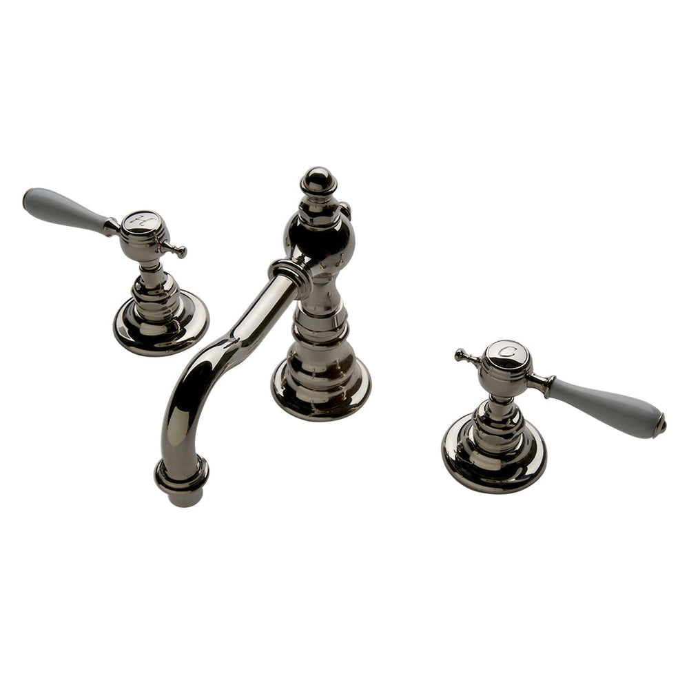 Waterworks Julia High Profile Three Hole Deck Mounted Lavatory Faucet with White Porcelain Lever Handles in Brass