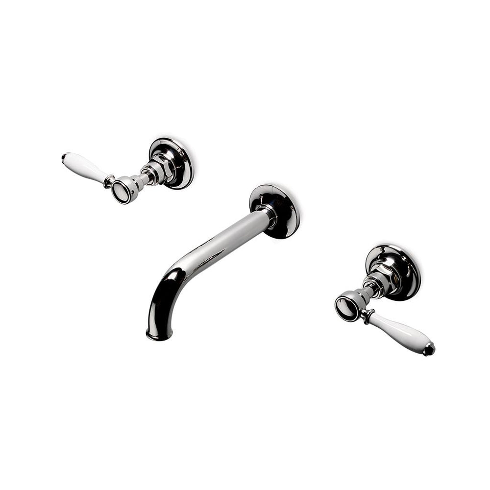 Waterworks Easton Vintage Low Profile Three Hole Wall Mounted Lavatory Faucet with Elongated Spout and White Porcelain Lever Handles in Matte Nickel