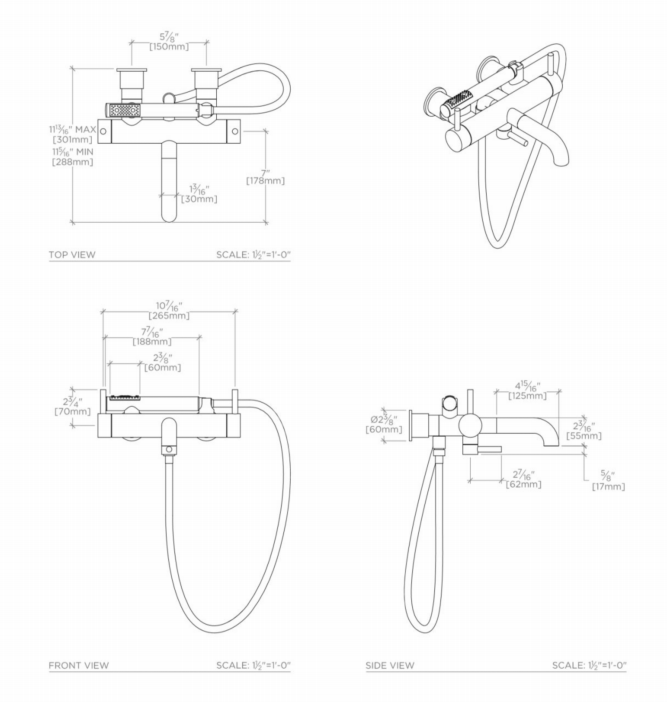 Waterworks Flyte Wall Mounted Exposed Tub Filler with Handshower and Metal Lever Handles in Nickel