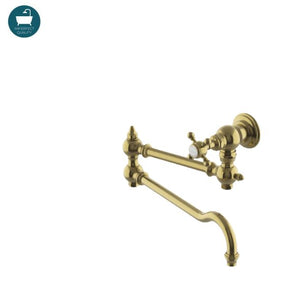 Waterworks Julia Wall Mounted Articulated Pot Filler, Metal Cross Handle in Burnished Brass