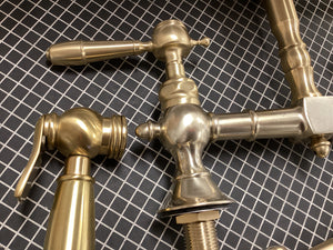 Waterworks Julia Two Hole Bridge Articulated Kitchen Faucet, Metal Lever Handles and Spray in Burnished Brass