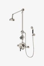 Waterworks Regulator Exposed Thermostatic Shower System with Handshower on Hook, Black Lever and Wheel Handles in Burnished Nickel