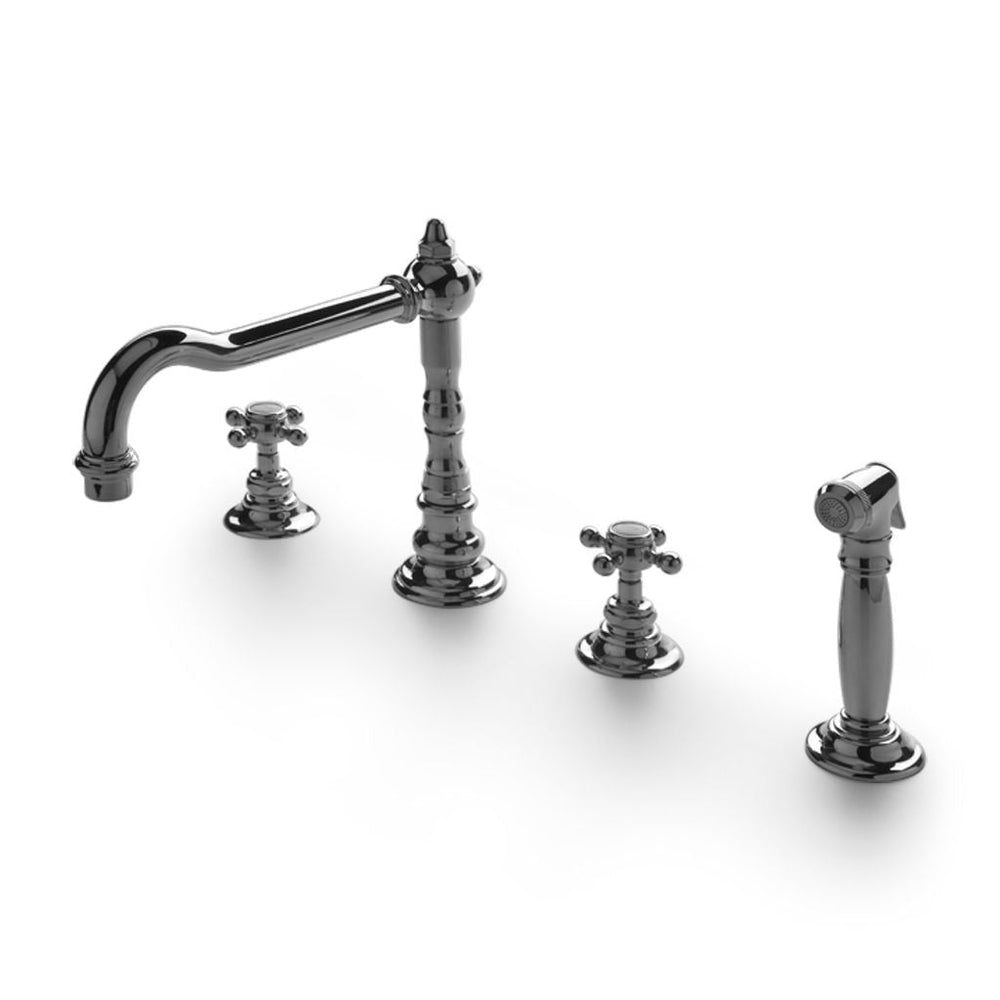 Waterworks Julia Three Hole High Profile Kitchen Faucet, Metal Cross Handles and Spray in Chrome