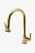 Waterworks Henry One Hole Gooseneck Integrated Pull Spray Kitchen Faucet with Lever Handle in Brass