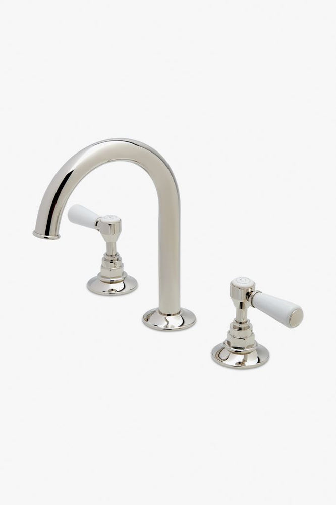 Waterworks Highgate Deck Mounted Gooseneck Lavatory Faucet with Porcelain Lever Handles in Nickel