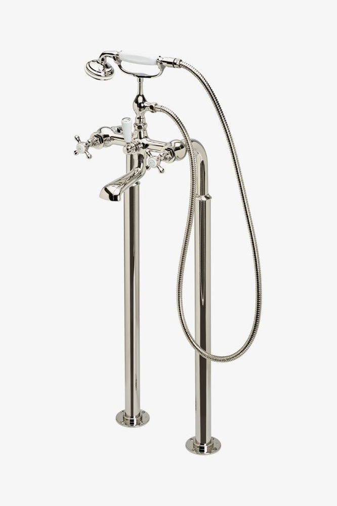 Waterworks Highgate Floor Mounted Exposed Tub Filler with Handshower and Cross Handles in Nickel