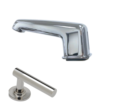 Waterworks Bond Low Profile Lavatory Faucet with Lift Rod and Guilloche Pinstripe Lever Handle in Nickel/Adriatic Enamel