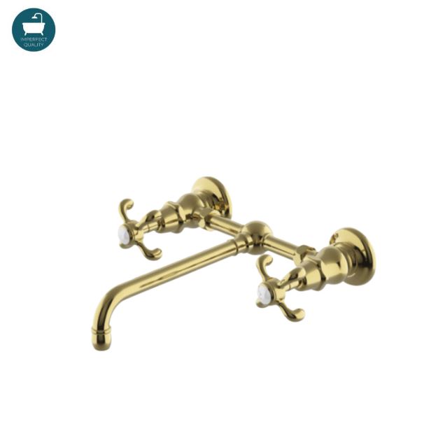 Waterworks Etoile Low Profile Two Hole Wall Mounted Lavatory Faucet (Straight Spout) with Metal Cross Handles in  Brass