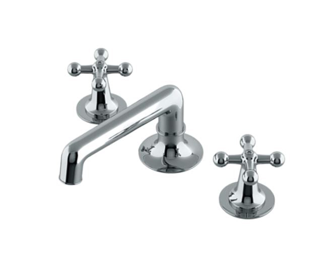 Waterworks Dash Low Profile Three Hole Deck Mounted Lavatory Faucet with Metal Cross Handles in Chrome, 1.2gpm