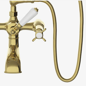 Waterworks Easton Classic Exposed Tub Filler, 2.5gpm White Porcelain Handshower and Lever Diverter with White Porcelain Indices in Brass