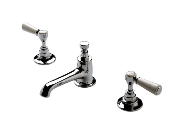 Waterworks Highgate Low Profile Three Hole Deck Mounted Lavatory Faucet with White Porcelain Lever Handles in Chrome