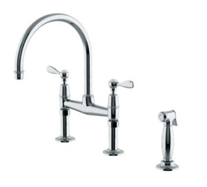 Waterworks Easton Classic Two Hole Bridge Gooseneck Kitchen Faucet, Metal Lever Handles and Spray in Copper