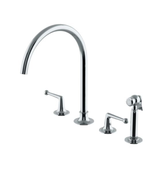 Waterworks Dash Three Hole Gooseneck Kitchen Faucet with Metal Lever Handles and Spray in Chrome