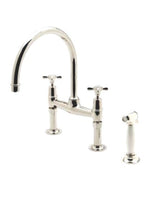 Waterworks Easton Classic Two Hole Bridge Kitchen Faucet, Metal Cross Handles and White Porcelain Spray in Nickel