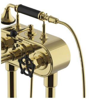 Waterworks Regulator Exposed Floor Mounted Tub Filler with 1.75gpm Handshower and Black Wheel Handles in Brass