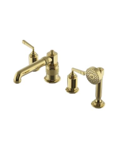 Waterworks RW Atlas Low Profile Concealed Tub Filler with Handshower and Metal Lever Handles in Unlacquered Brass