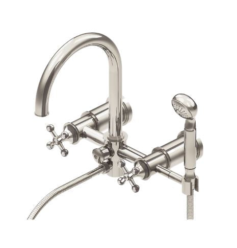 Waterworks Dash Wall Mounted Exposed Tub Filler with 1.75gpm Metal Handshower and Cross Handles in Nickel