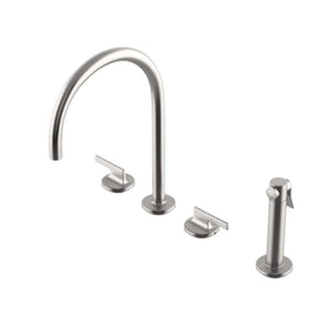 Waterworks Formwork Three Hole Gooseneck Kitchen Faucet with Metal Lever Handles and Spray in Chrome