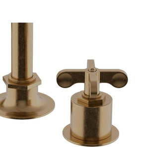 Waterworks Henry Gooseneck Three Hole Deck Mounted Lavatory Faucet with Metal Cross Handles in Vintage Brass