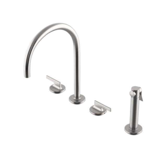 Waterworks Formwork Three Hole Gooseneck Kitchen Faucet with Metal Lever Handles and Spray in Matte Nickel