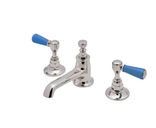Waterworks Highgate ASH NYC Edition Lavatory Faucet with Porcelain Lever Handles in Nickel/Azure Blue