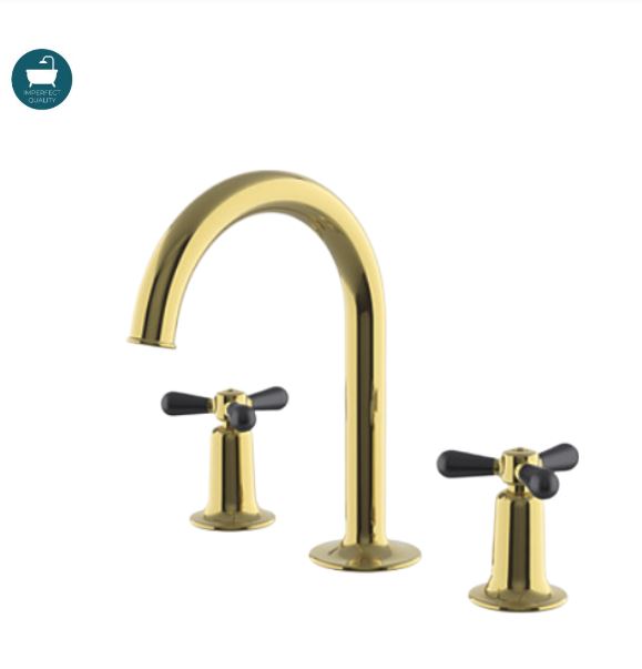 Waterworks Riverun Gooseneck Lavatory Faucet with Two-Tone Tri-Spoke Handles in Brass/Matte Black