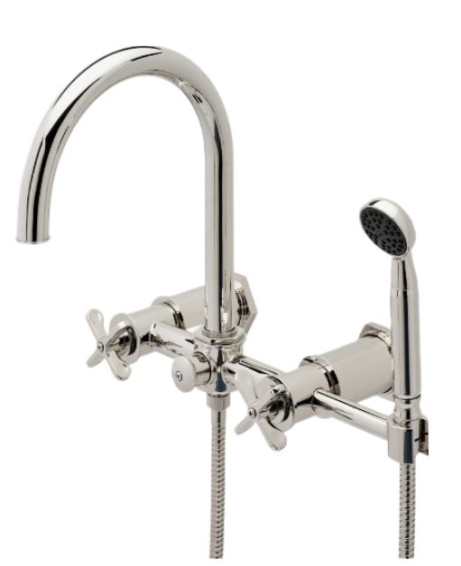 Waterworks Henry Wall Mounted Exposed Tub Filler with Handshower and Cross Handles in Burnished Brass