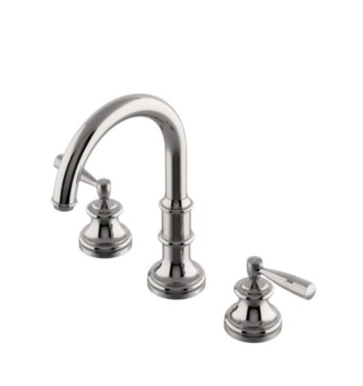 Waterworks Foro Gooseneck Three Hole Deck Mounted Lavatory Faucet with Metal Lever Handles in Nickel
