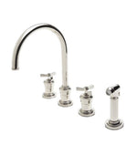 Waterworks Aero Three Hole Gooseneck Kitchen Faucet with Elevated Metal Cross Handles and Spray in Nickel