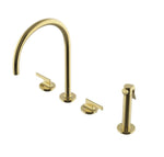 Waterworks Formwork Three Hole Gooseneck Kitchen Faucet with Metal Lever Handles and Spray in Brass