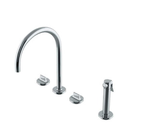 Waterworks Formwork Three Hole Gooseneck Kitchen Faucet with Metal Knob Handles and Spray in Matte Nickel