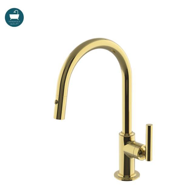 Waterworks Bond Solo Series One Hole Gooseneck Integrated Pull Spray Kitchen Faucet  with Two-Piece Straight Lever Handle in Brass