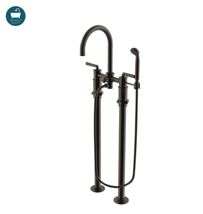 Waterworks Henry Exposed Floor Mounted Tub Filler with 1.75gpm Handshower and Metal Lever Handles in Dark Brass