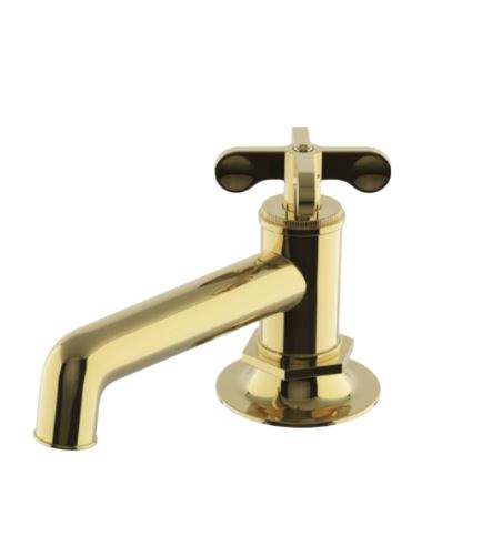 Waterworks Henry Low Profile One Hole Deck Mounted Lavatory Faucet with Metal Cross Handle in Brass