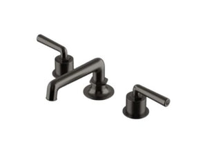 Waterworks Henry Low Profile Three Hole Deck Mounted Lavatory Faucet with Metal Lever Handles in Dark Nickel