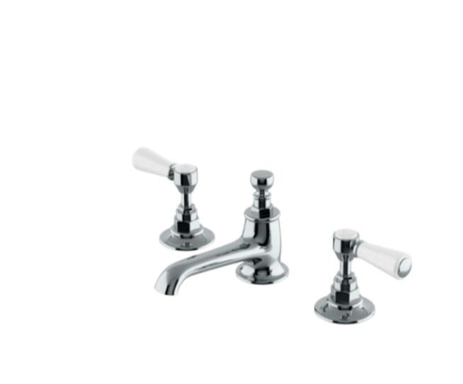 Waterworks Highgate Low Profile Three Hole Deck Mounted Lavatory Faucet with White Porcelain Lever Handles in Chrome