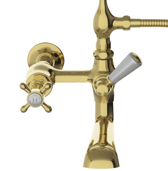 Waterworks Highgate Exposed Wall Mounted Tub Filler with 1.75gpm Handshower and Metal Cross Handles in Brass