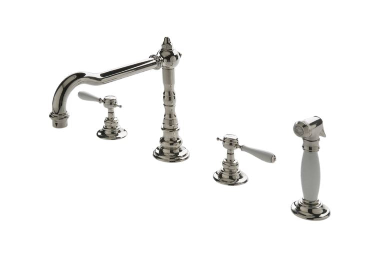 Waterworks Julia Three Hole Articulated Kitchen Faucet, Metal Lever Handles and Spray in Nickel