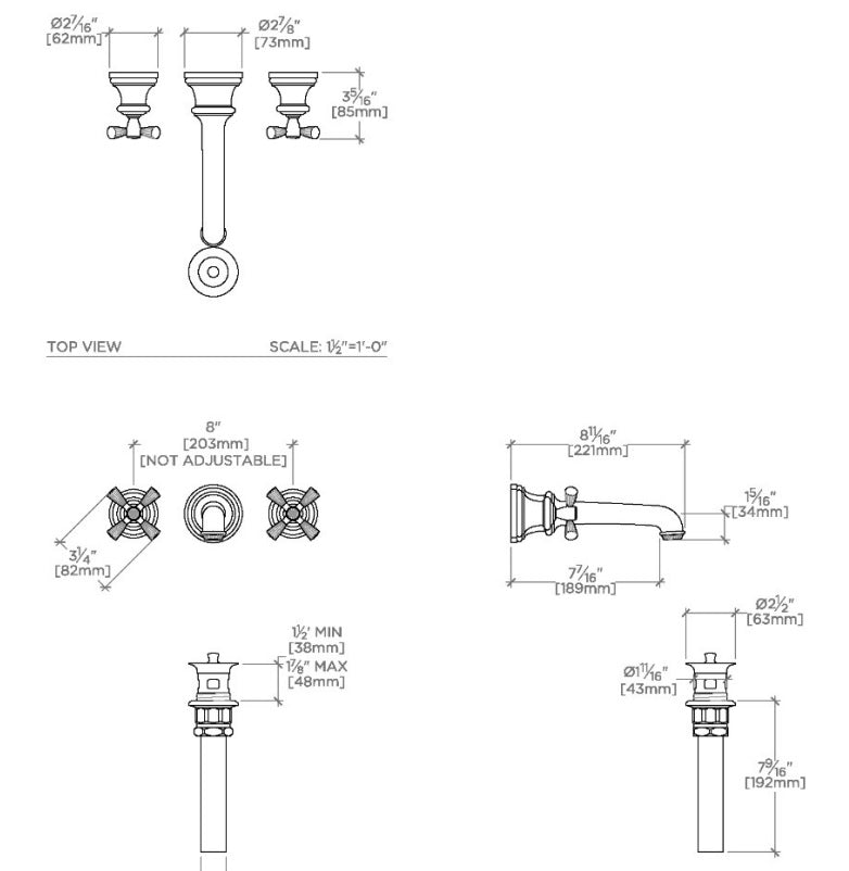 Waterworks Foro Three Hole Wall Mounted Lavatory Faucet with Metal Cross Handles in Matte Nickel
