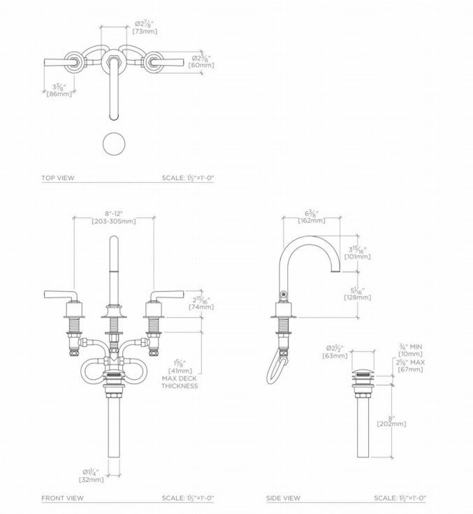 Waterworks Henry Gooseneck Three Hole Deck Mounted Lavatory Faucet with Metal Lever Handles in Dark Brass