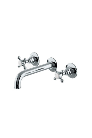 Waterworks Waterworks Highgate Low Profile Three Hole Wall Mounted Lavatory Faucet with Metal Cross Handles in Nickel